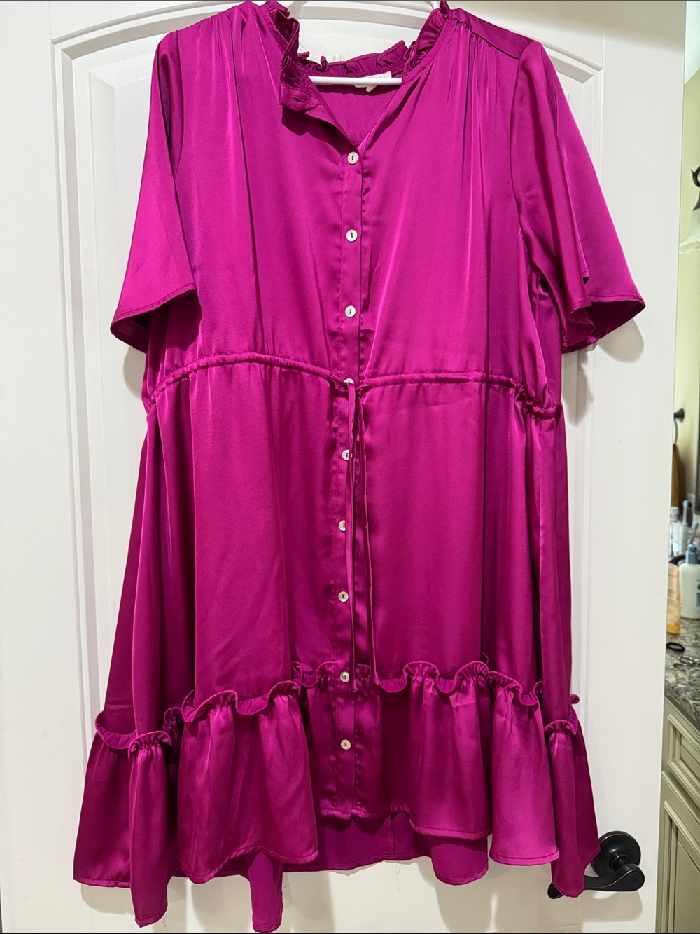 JODIFL Fuchsia Button-Front Ruffle Dress